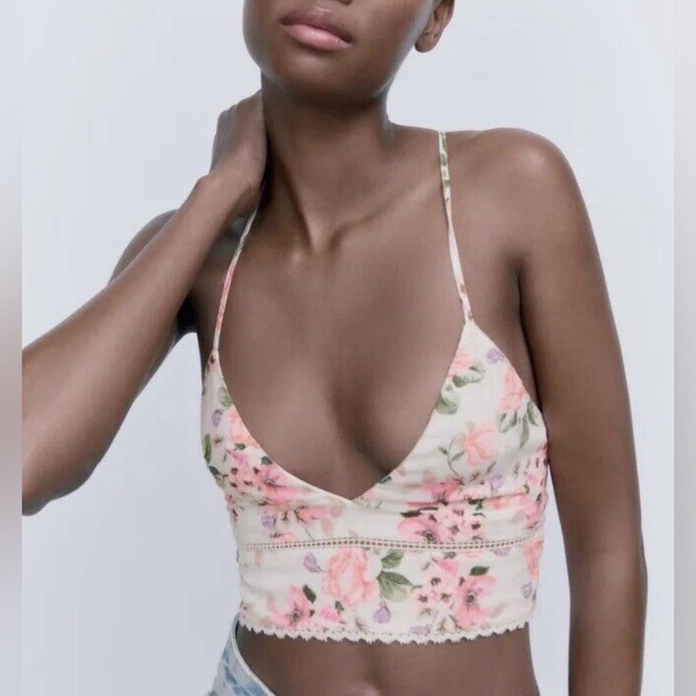 NWT - Zara Floral V Neck Cross Strap Crop Top - Various Sizes